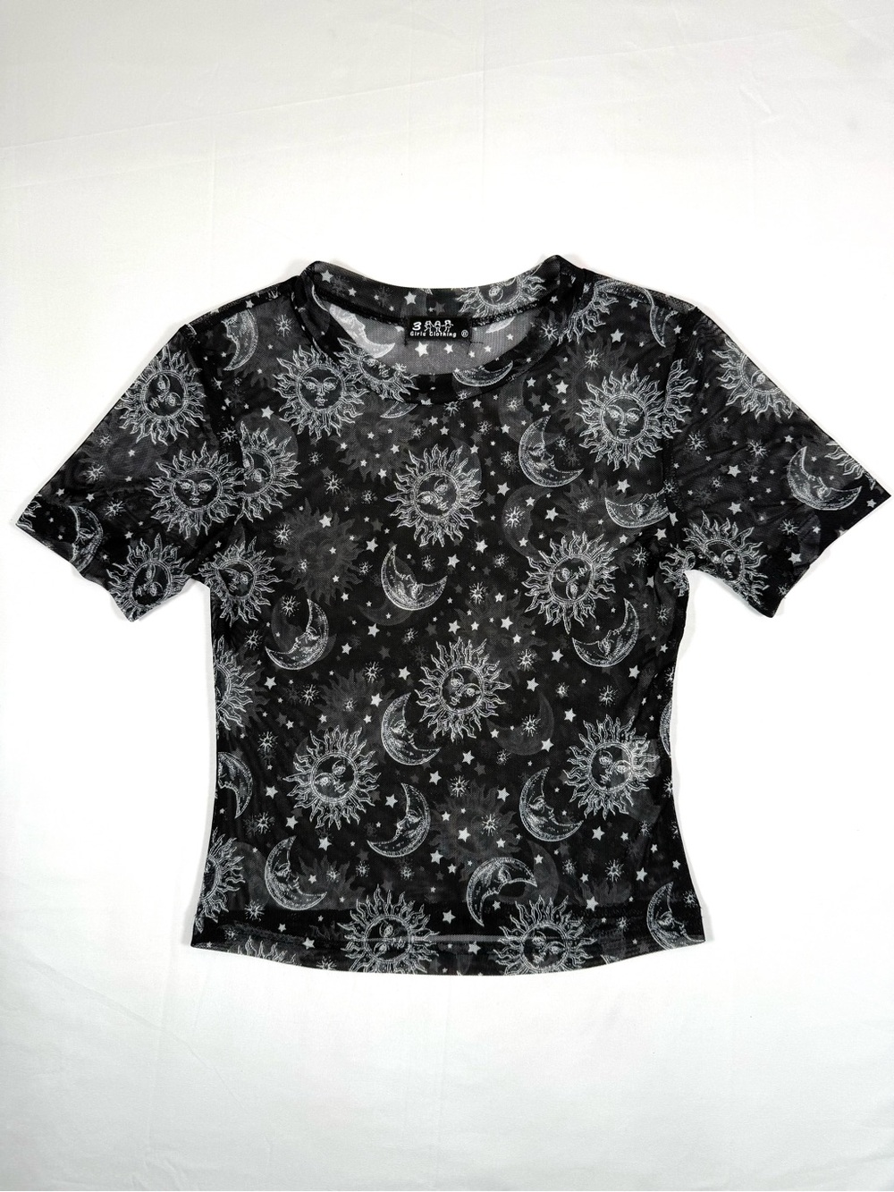 3 GIRLS CLOTHING Juniors Mesh Celestial Sun Moon Stars Top XS Y2K Whimsigoth